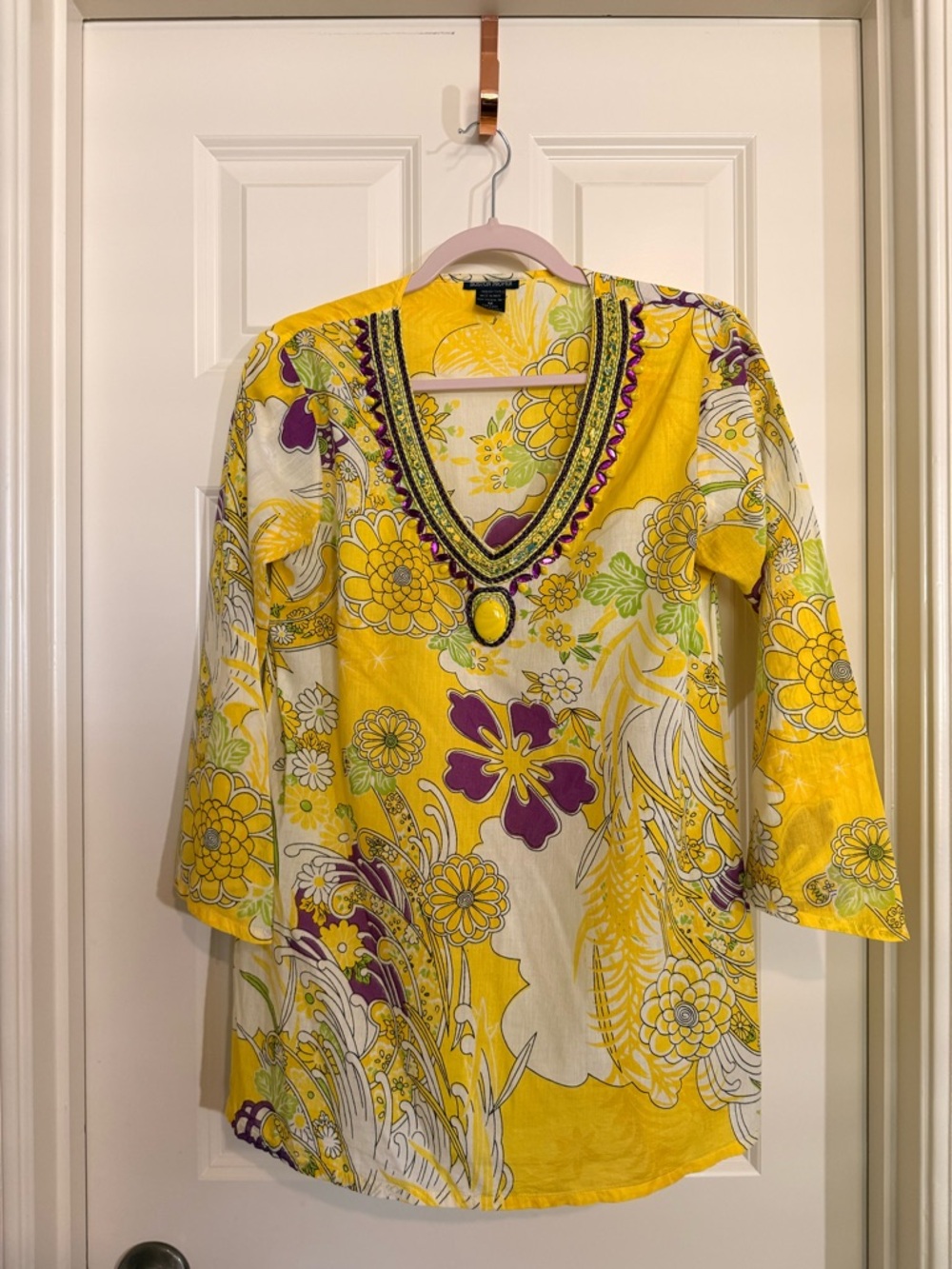 Boston Proper Yellow Floral V-Neck Tunic with Purple & Green Details